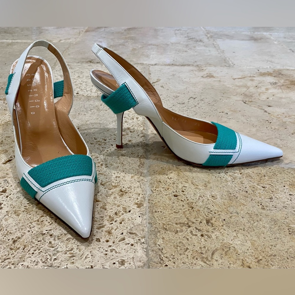 White and Teal Pointed-Toe Slingback Heels